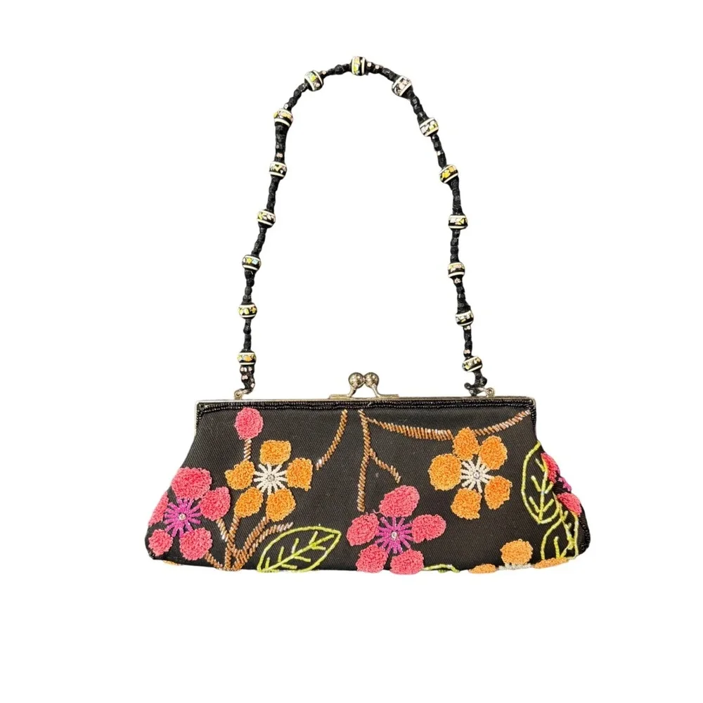 Beaded Handbag Womens OS Black Good Vintage Floral Kiss Lock Clutch